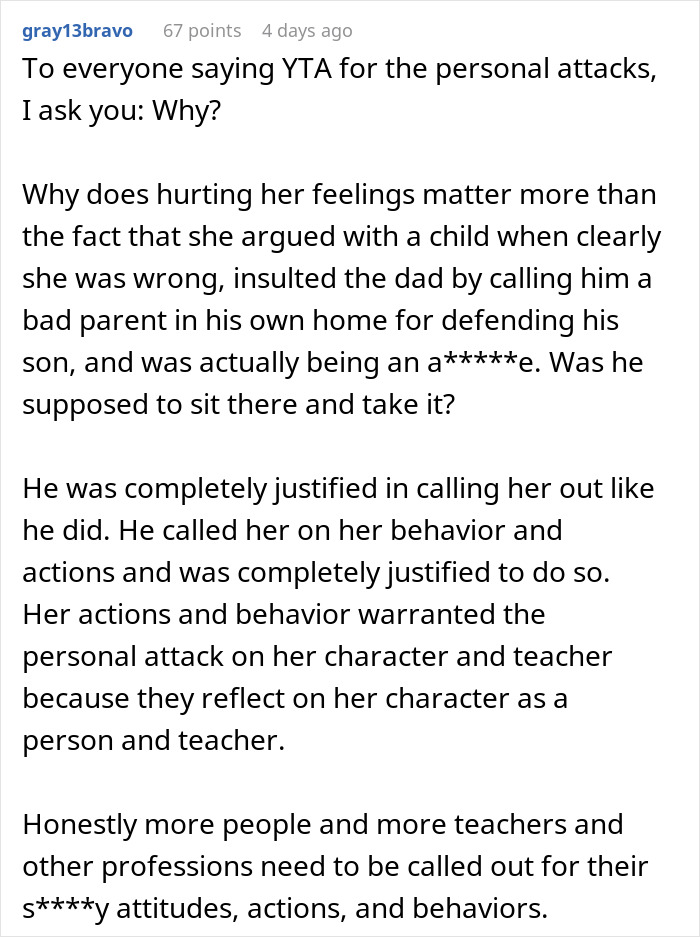 Comment discussing a teacher getting schooled by a kid, with the dad putting her in her place over behavior and facts. Comment discussing a teacher getting schooled by a kid, with the dad putting her in her place over behavior and facts.