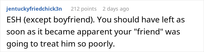 Screenshot of a Reddit comment discussing drama when a birthday host excludes bestie’s boyfriend from the party table. Screenshot of a Reddit comment discussing drama when a birthday host excludes bestie’s boyfriend from the party table.