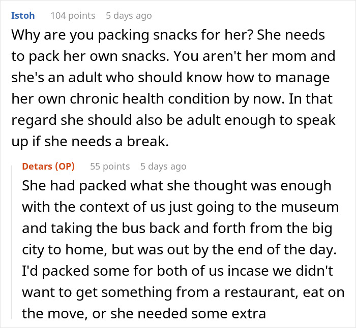 Comments discussing a woman mad at friend for taking her on a walking trip without warning, related to diabetes management.