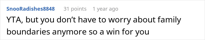 Screenshot of a Reddit comment discussing family boundaries in a post about SIL holding a couple hostage at dinner. Screenshot of a Reddit comment discussing family boundaries in a post about SIL holding a couple hostage at dinner.