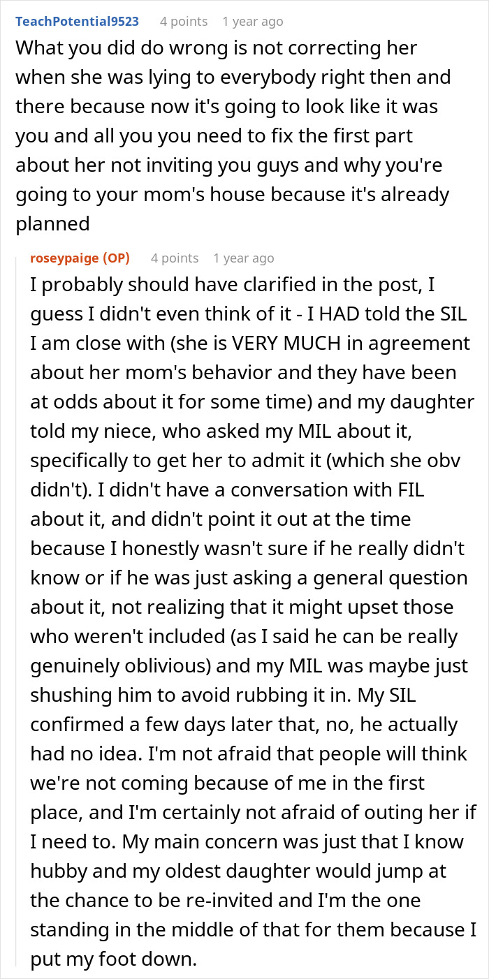 Comment thread discussing a woman refusing to attend her MIL&rsquo;s Thanksgiving after being reinvited due to guests flaking.