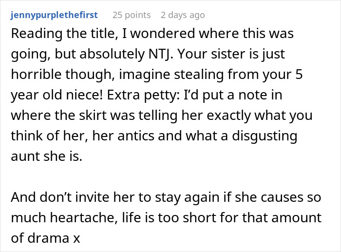 Commenter reacting to woman stealing 5-year-old niece&rsquo;s skirt and lying when caught red-handed online discussion.