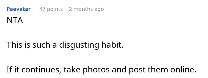 Comment expressing disgust over stains on toilet seat and suggesting publicly shaming brother to stop the habit