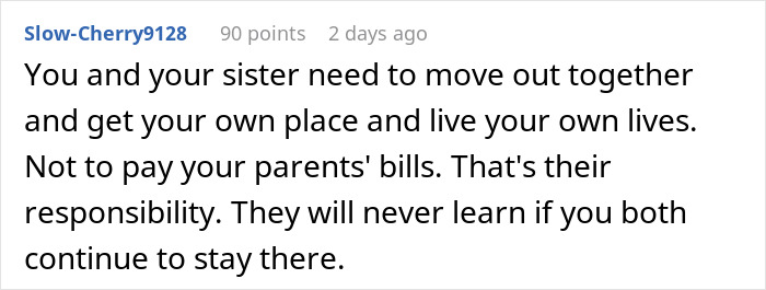 Screenshot of a Reddit comment advising siblings to move out and not pay parents&rsquo; bills, highlighting a family financial dispute.