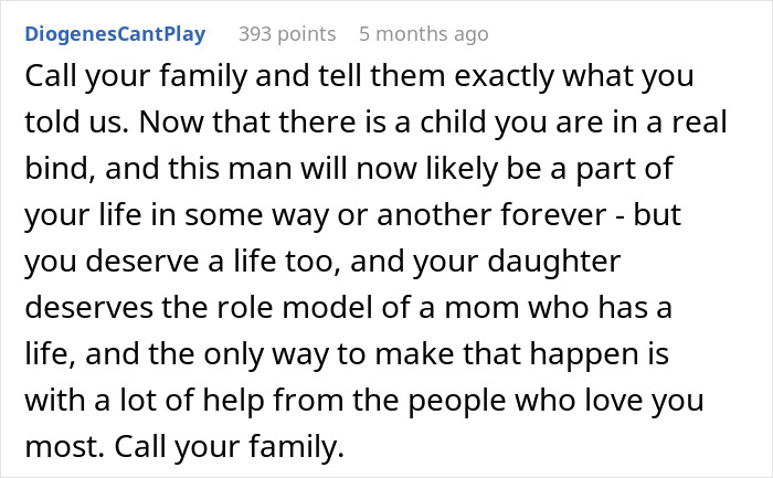Comment urging a 25-year-old mom to seek help and call family for support after feeling trapped by her 52-year-old partner.