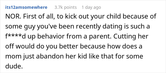 Screenshot of a social media comment criticizing a mom for throwing her child out for a random guy, discussing parental behavior.