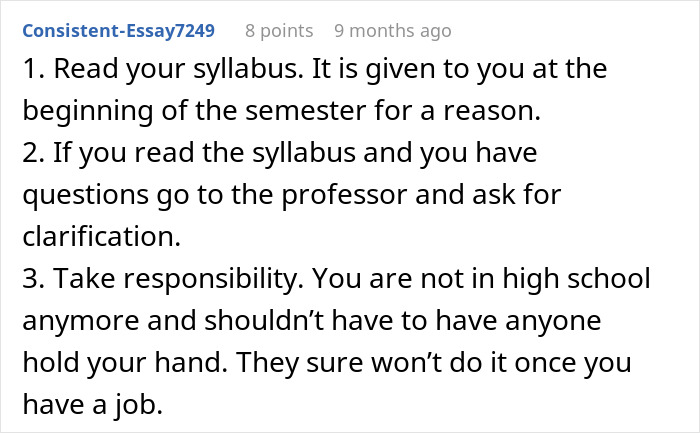Text post from a user advising students to read the syllabus and take responsibility after professor phone rule enforcement backlash.