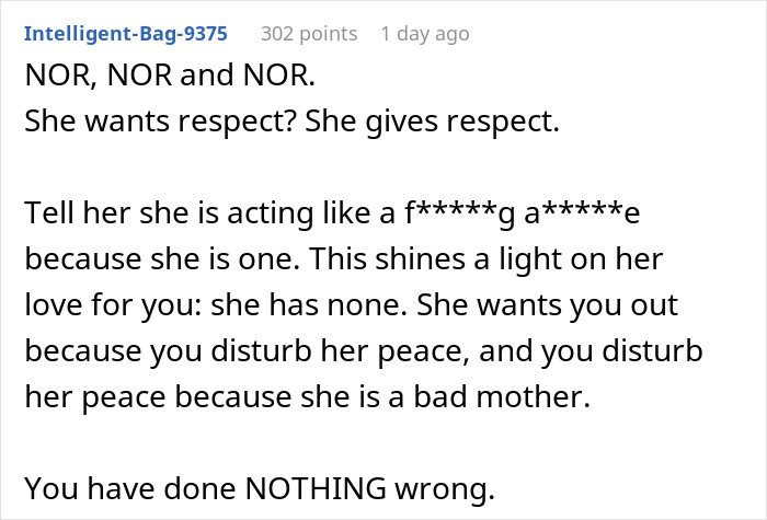 Screenshot of a Reddit comment discussing a mother throwing her child out on the street and lacking respect and love. Screenshot of a Reddit comment discussing a mother throwing her child out on the street and lacking respect and love.