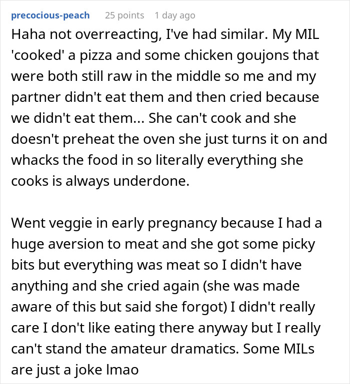 Comment describing MIL’s undercooked food and spoiled meals, highlighting expired food in her pantry.