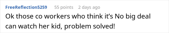 Comment discussing coworkers watching a kid after a drunk lady arrives late from happy hour to pick them up.