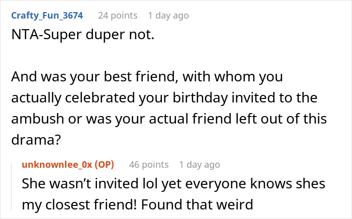 Screenshot of an online discussion about a woman skipping her birthday party due to her ex being invited.