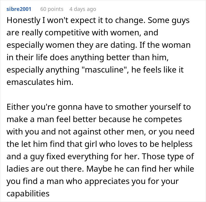 Woman ready to dump boyfriend who feels emasculated when she fixes things and shows her capabilities. Woman ready to dump boyfriend who feels emasculated when she fixes things and shows her capabilities.