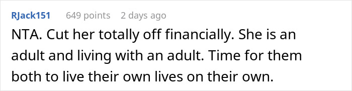 Screenshot of a Reddit comment advising to cut off financial support to sister&rsquo;s jobless boyfriend to stop quietly bankrolling him.