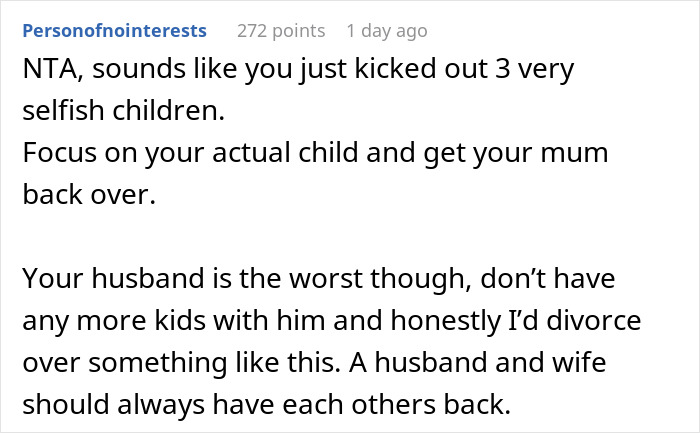 Comment discussing a new mom kicking out husband and in-laws for not helping with baby and family support issues. Comment discussing a new mom kicking out husband and in-laws for not helping with baby and family support issues.