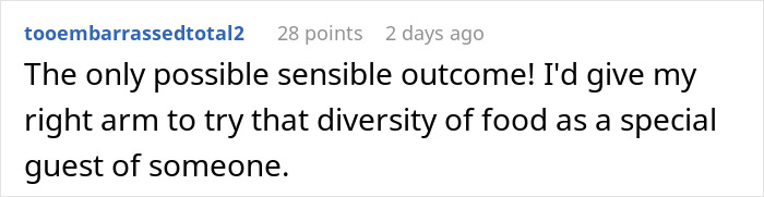 Reddit comment praising trying traditional gross food instead of American dishes, expressing excitement for food diversity.