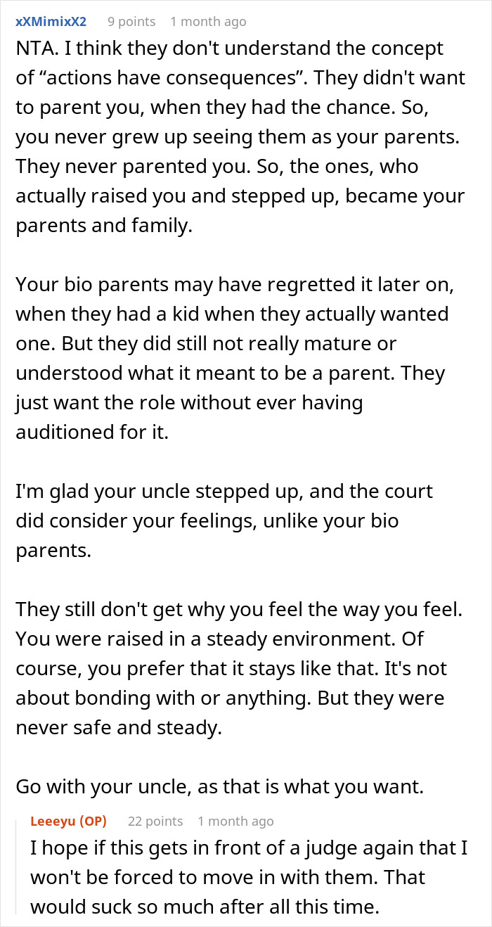 Screenshot of online discussion about teen refusing to live with bio parents who abandoned him, mentioning court involvement. Screenshot of online discussion about teen refusing to live with bio parents who abandoned him, mentioning court involvement.