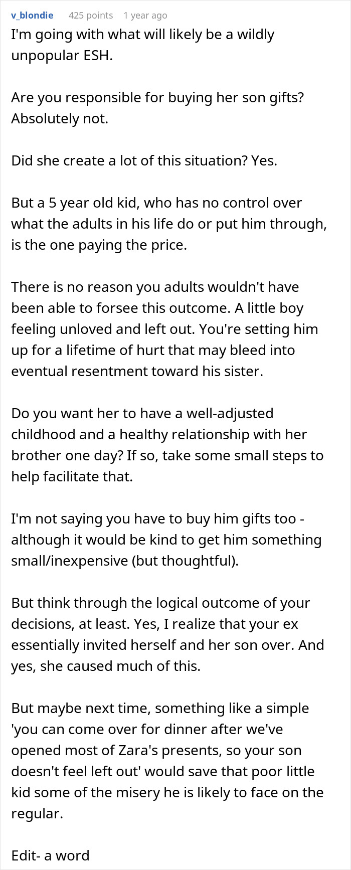 Comment discussing family gift disparity and impact on the half-brother during Christmas from a parenting perspective. Comment discussing family gift disparity and impact on the half-brother during Christmas from a parenting perspective.