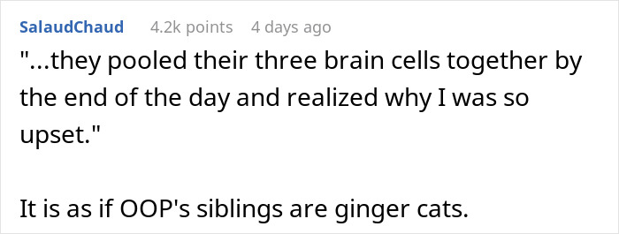 Screenshot of a Reddit comment discussing irate sis taking mom out to dinner while bros are too broke to pitch in for gift. Screenshot of a Reddit comment discussing irate sis taking mom out to dinner while bros are too broke to pitch in for gift.