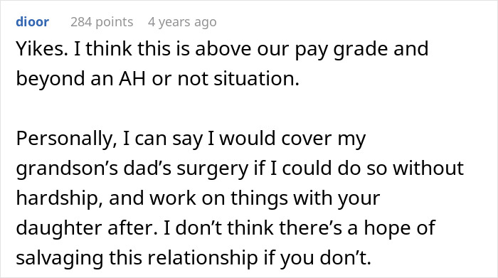 Reddit comment screenshot about covering surgery and strained family ties, mentioning Selfish Lady and adopted family
