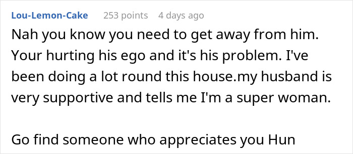 Screenshot of an online comment discussing a woman ready to dump her boyfriend who feels emasculated when she fixes things. Screenshot of an online comment discussing a woman ready to dump her boyfriend who feels emasculated when she fixes things.