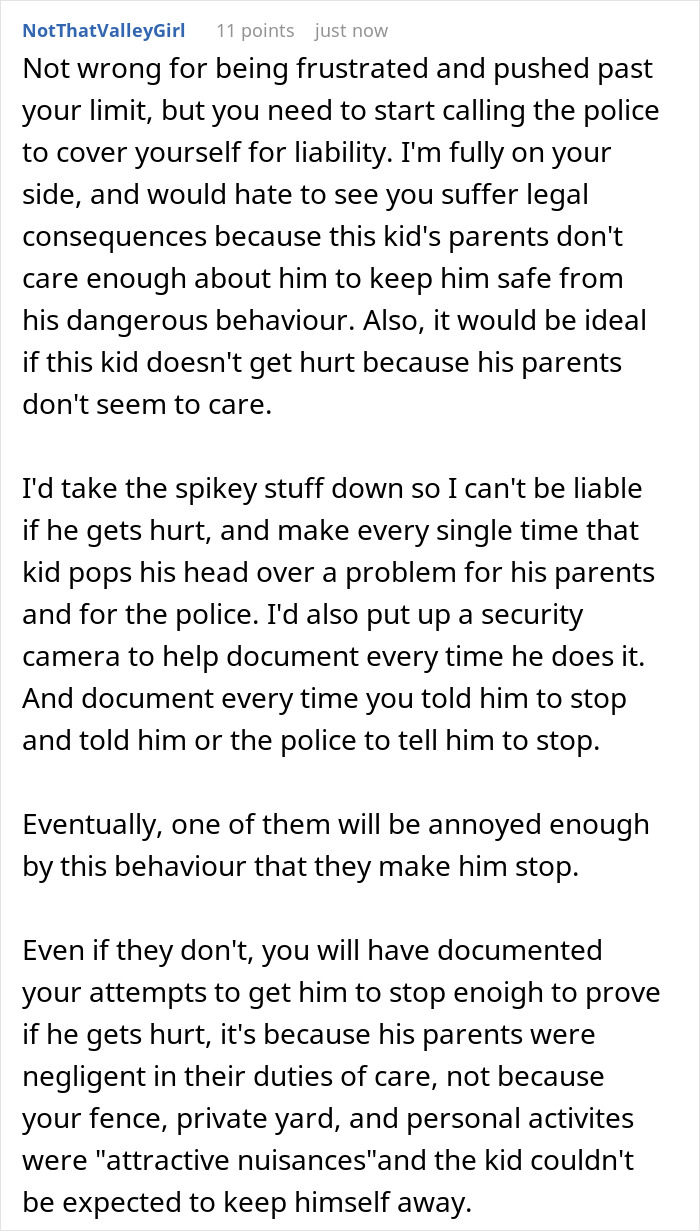 Comment discussing frustration over son climbing fence and steps taken to protect privacy and safety. Comment discussing frustration over son climbing fence and steps taken to protect privacy and safety.