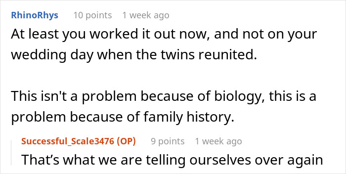 Comment thread discussing family history issues and shock of discovering engagement to first cousin after Christmas.