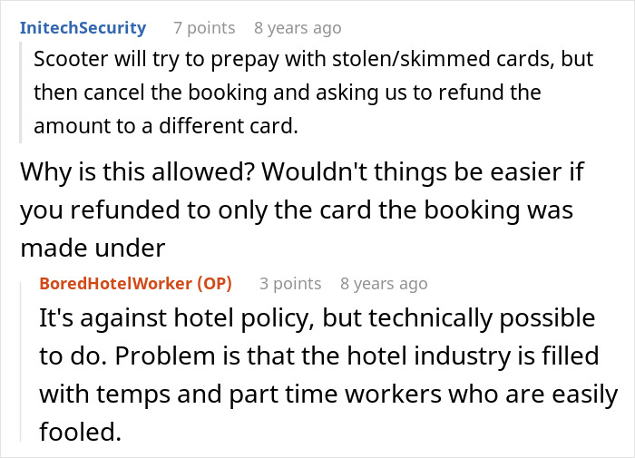 Online discussion about hotel receptionist blocking scammer’s $2k laundering attempt and preventing fraud with booking refunds.