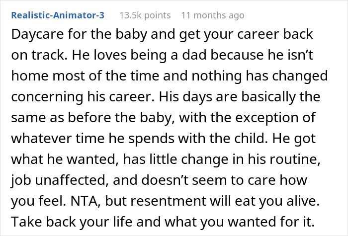 Reddit comment screenshot about regrets becoming a parent and resentful feelings toward husband
