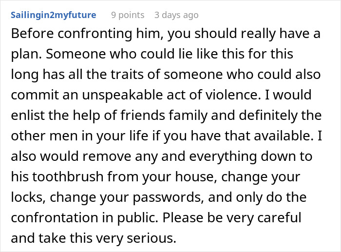 Text message warning about confronting a man in a 4-year relationship who may have been deceiving the woman.