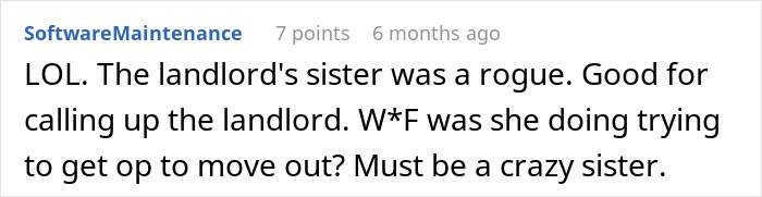 ALT text: Screenshot of online comment about entitled sister harassing brother’s tenant and the landlord’s response. ALT text: Screenshot of online comment about entitled sister harassing brother’s tenant and the landlord’s response.