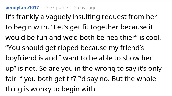 Text post from a social media user discussing a woman's demand for her swimmer boyfriend to look like her friend’s partner.