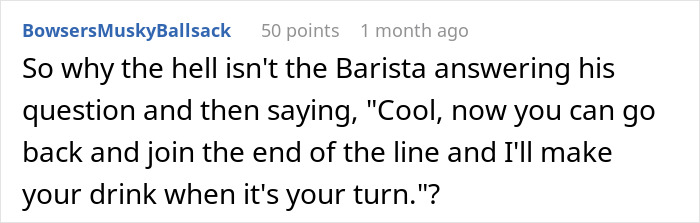 Screenshot of a comment debating a coffee line skip, mentioning a barista and a customer trying to beat the system. Screenshot of a comment debating a coffee line skip, mentioning a barista and a customer trying to beat the system.