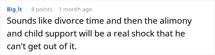 Comment discussing divorce and financial problems involving a stay-at-home mom and husband conflict.