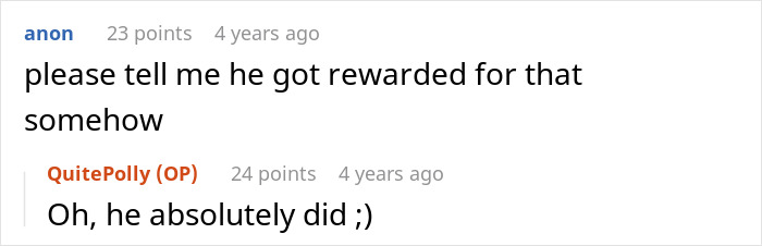 Chat conversation where anon asks if he got rewarded and QuitePolly confirms with a wink about husband parents coming honeymoon surprise.