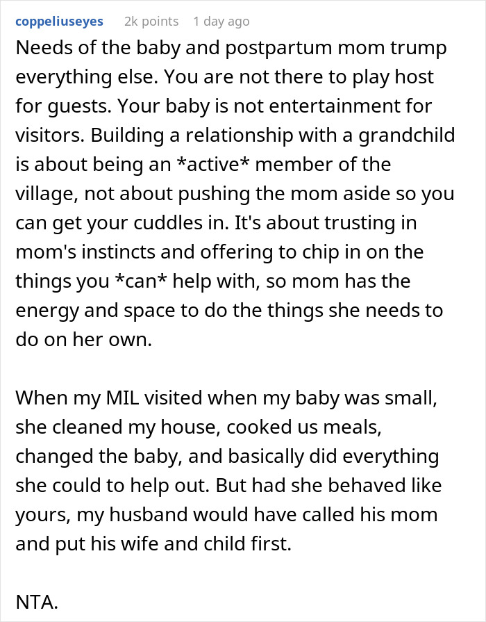 Alt text: New mom emphasizes baby care and postpartum needs over unhelpful husband inlaws, prioritizing support and trust in mom's instincts.