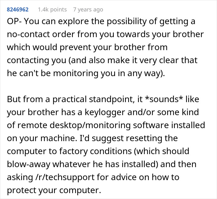 Reddit advice on handling brother's stalker tendencies, suggesting no-contact orders and resetting computers for privacy.