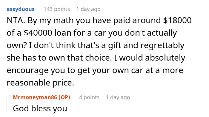 Screenshot of a Reddit thread discussing a teen&rsquo;s first car loan that turned into a debt trap set by mom.