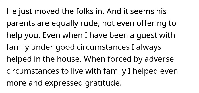 Text excerpt discussing rude parents and helping in the house when living with family during adverse circumstances.
