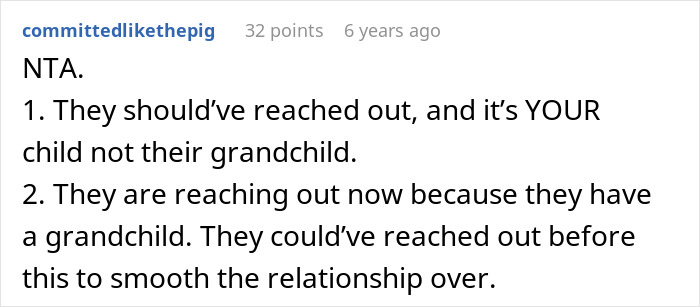 Comment discussing a woman refusing to let parents see her baby due to an event from 15 years ago.