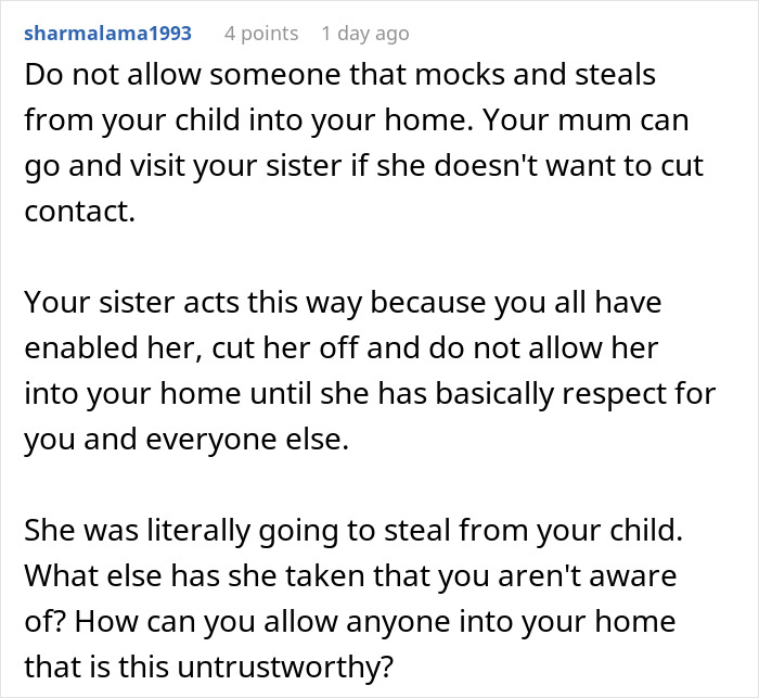 Comment text discussing a woman stealing a 5-year-old niece’s skirt and lying when caught red-handed. Comment text discussing a woman stealing a 5-year-old niece’s skirt and lying when caught red-handed.