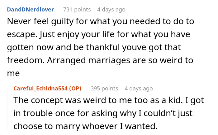 Reddit comments discussing the experience of a teen forced to marry a 32-year-old and planning to make him divorce her.