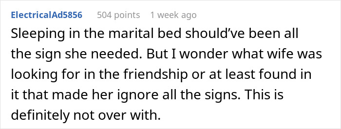 Screenshot of Reddit comment about man suspects wife, noting sleeping in marital bed as a red flag with lesbian bestie