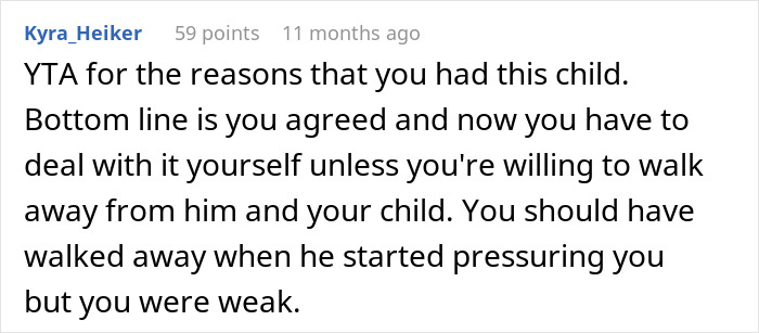 Reddit comment screenshot criticizing a mother, text accusing her of weakness — mom regrets becoming a parent Reddit comment screenshot criticizing a mother, text accusing her of weakness — mom regrets becoming a parent