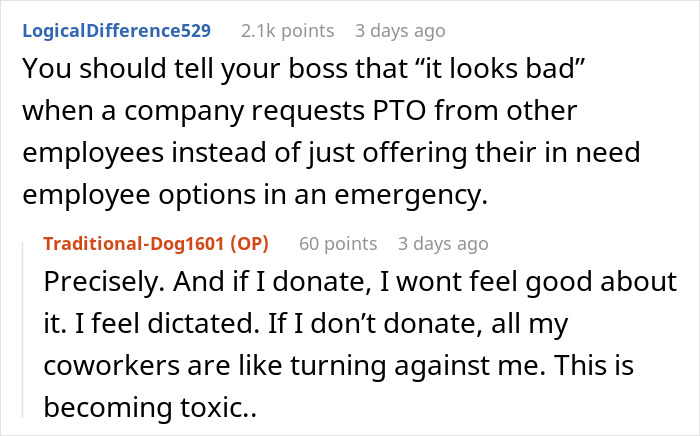 Comments from coworkers shaming a man for not donating PTO, highlighting workplace pressure and toxic coworkers dynamics.