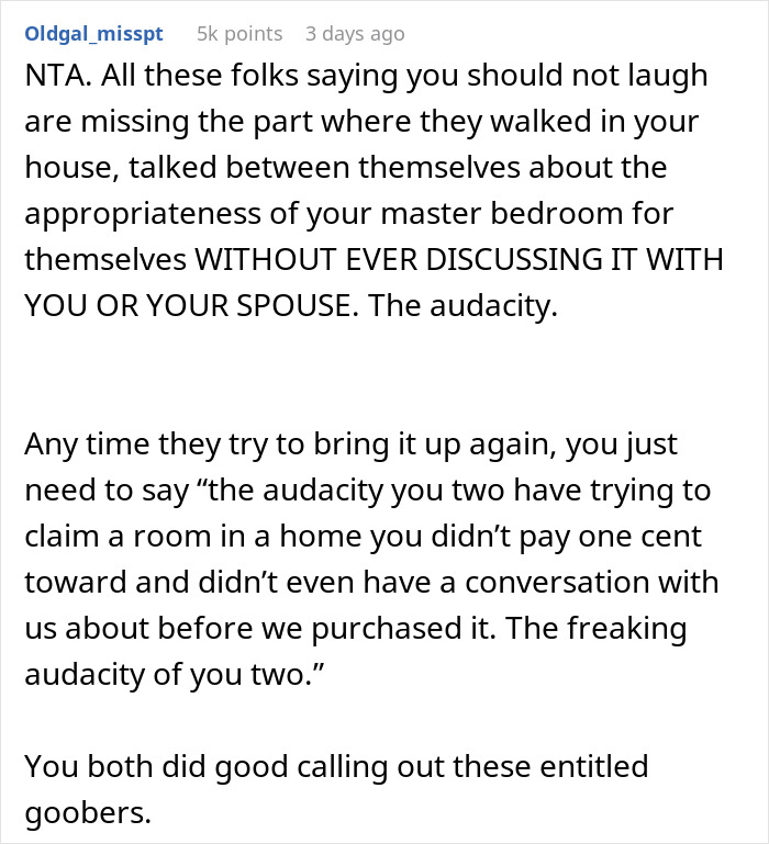 Screenshot of a Reddit comment discussing in-laws refused to help with childcare but want to move in, highlighting entitlement.