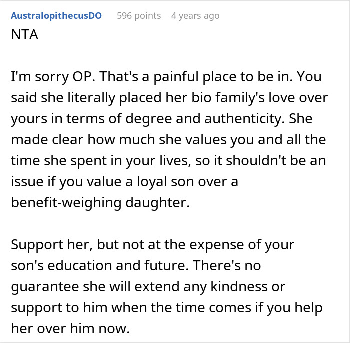 Reddit screenshot: selfish lady ignores adopted fam, bonds with bio fam, remembers them only for money