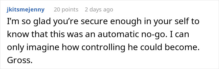 Screenshot of Reddit comment warning about controlling behavior and relationship red flags, username jkitsmejenny visible