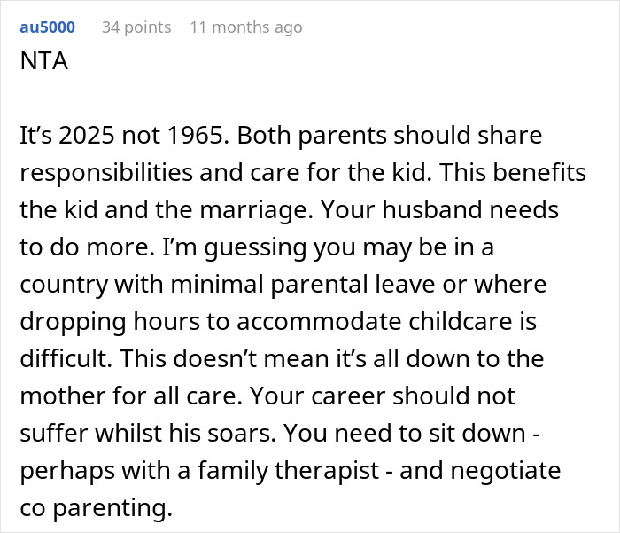 Reddit comment screenshot: user says NTA and urges shared parenting, mentioning resent my husband and regrets parenthood Reddit comment screenshot: user says NTA and urges shared parenting, mentioning resent my husband and regrets parenthood
