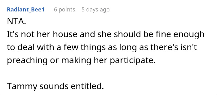 Text comment discussing woman demanding in-laws take down religious items affecting her atheism and family conflict. Text comment discussing woman demanding in-laws take down religious items affecting her atheism and family conflict.