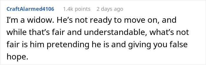 Comment from widow explaining her widower boyfriend is not ready to move on despite wearing a wedding ring.